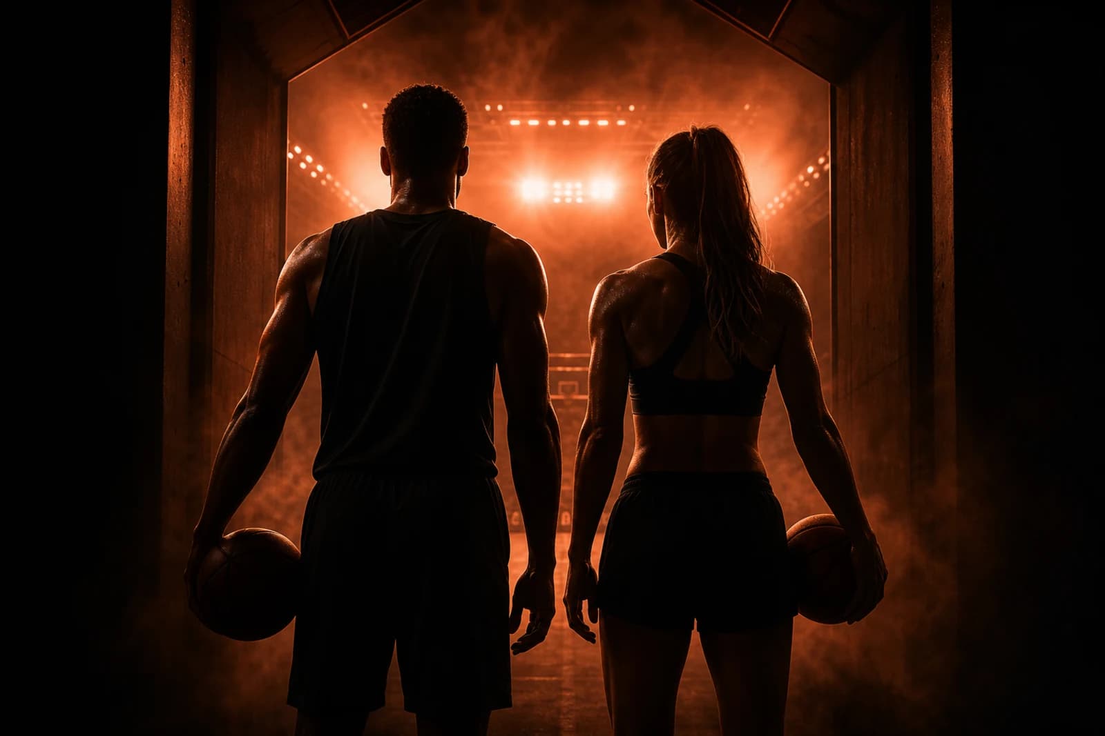 Athlete clients entering a stage-lit room