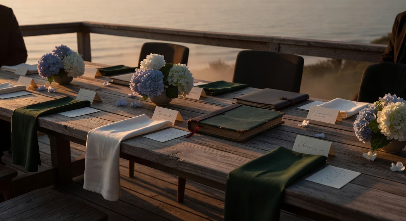 Coastal family gathering table at dusk