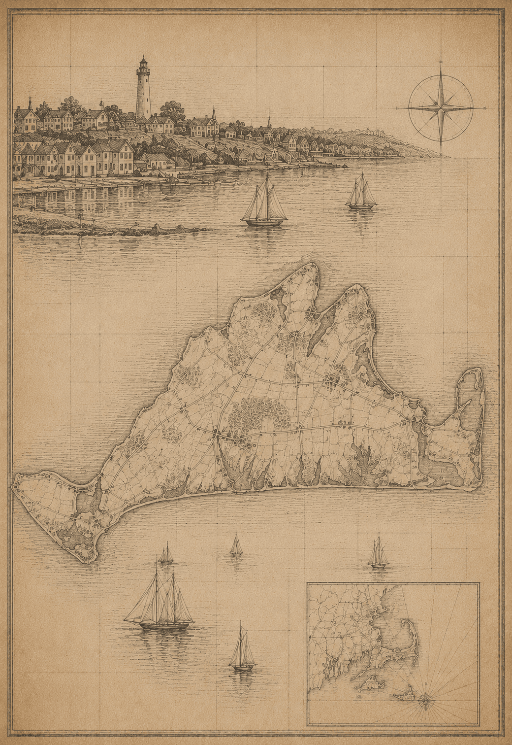 Factory Club heritage map illustration for Martha's Vineyard