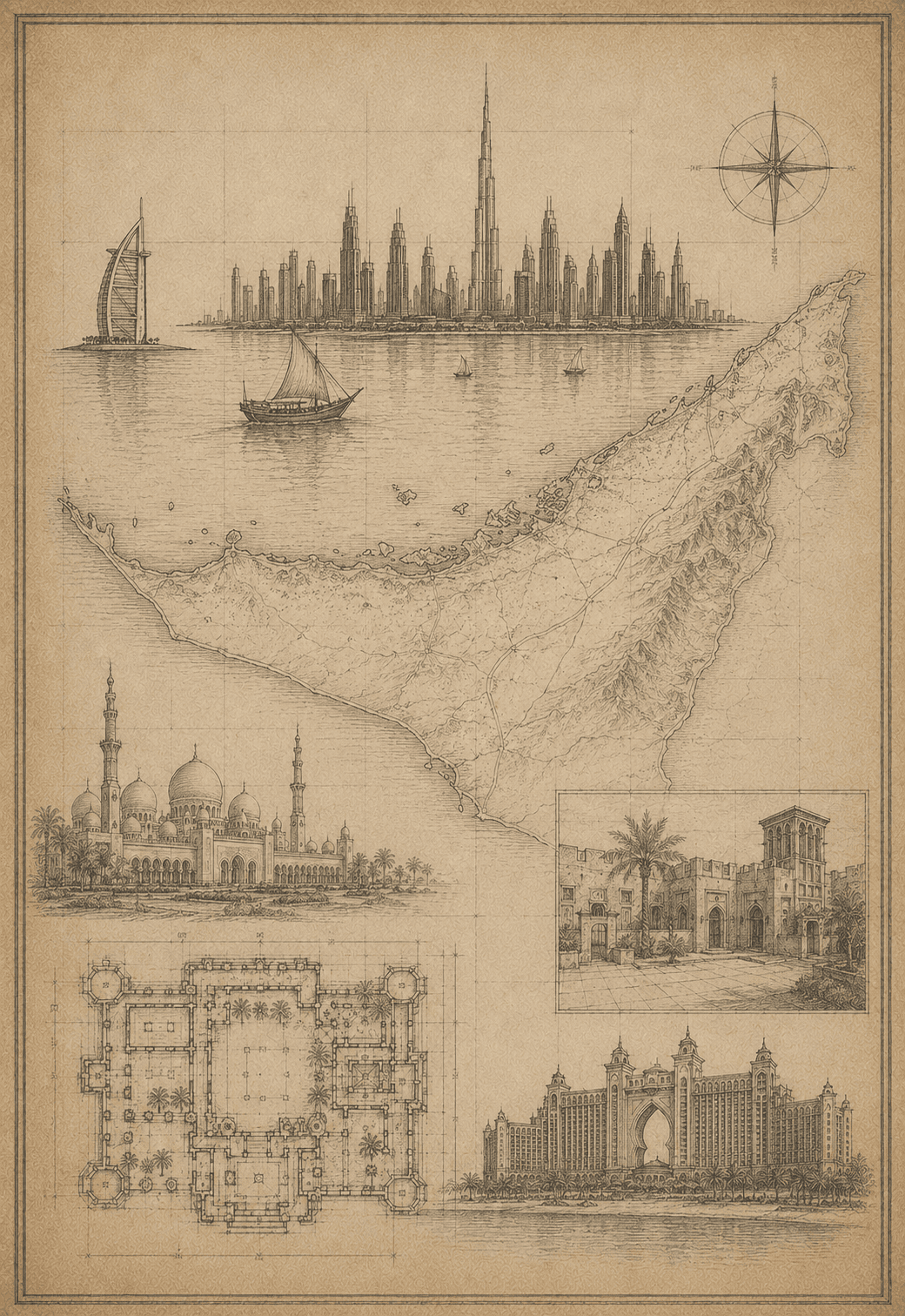 Factory Club heritage map illustration for the UAE