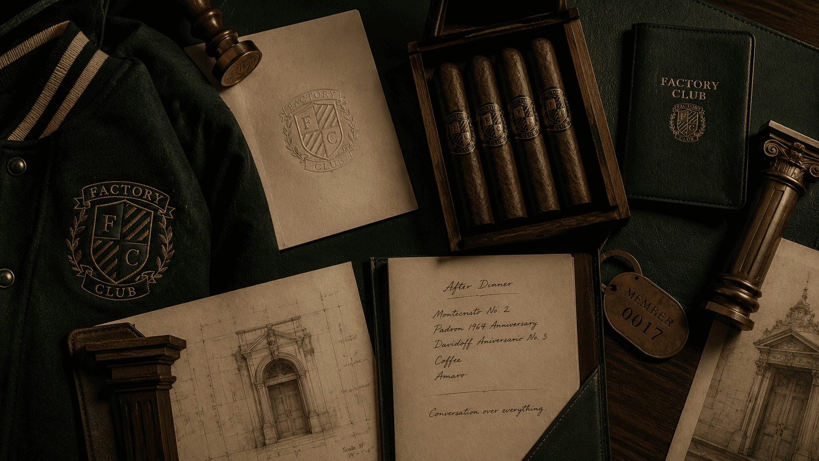 Factory Club member objects, jacket, cigars, and passport