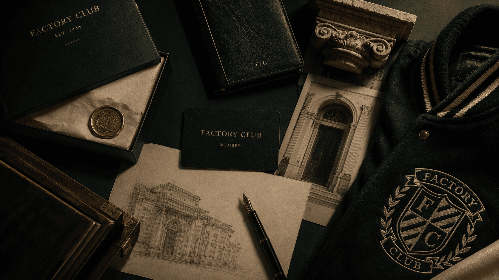 Factory Club heritage objects arranged on a private club desk