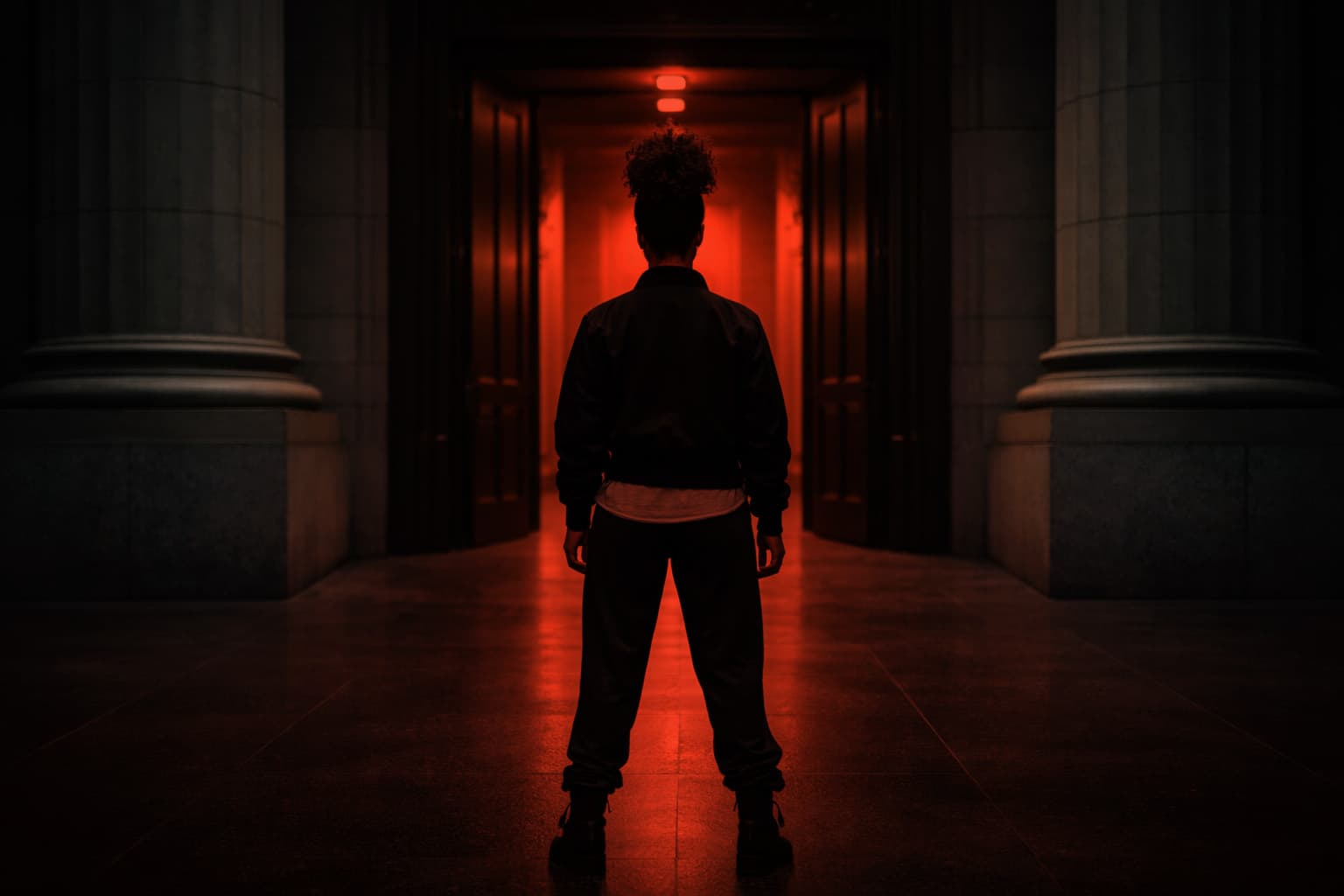 Private corridor opening into a red-lit room