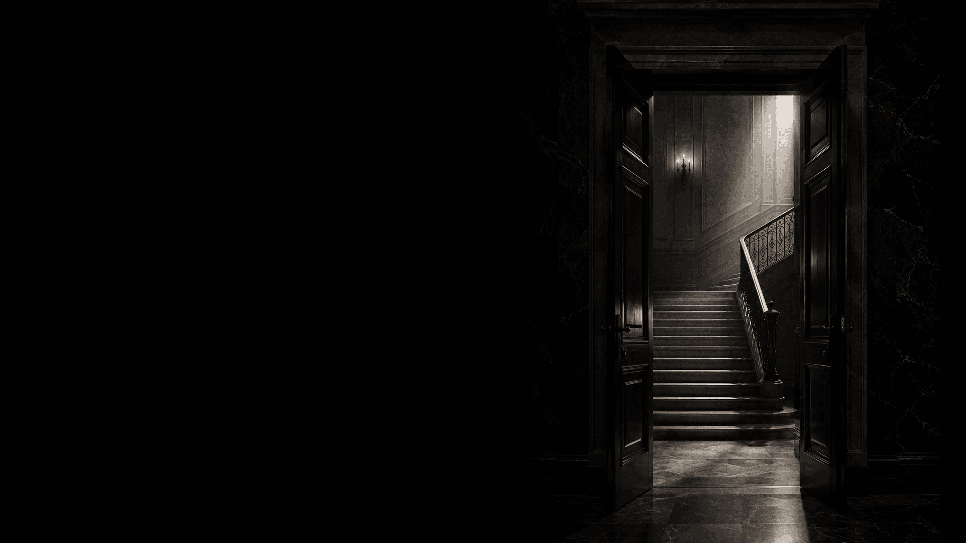 Dark Factory Club entryway with open doors and a staircase