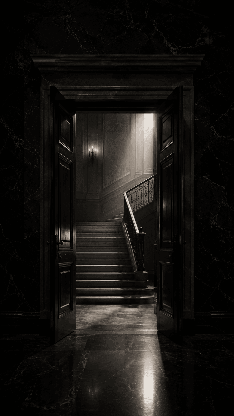 Dark Factory Club entryway with open doors and a staircase