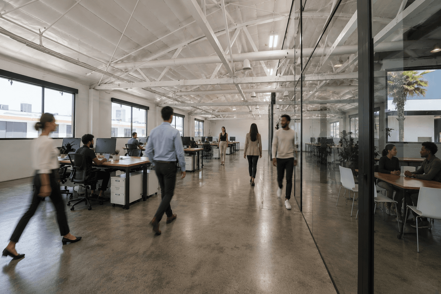 Bright Factory workspace with people moving through offices and meeting rooms