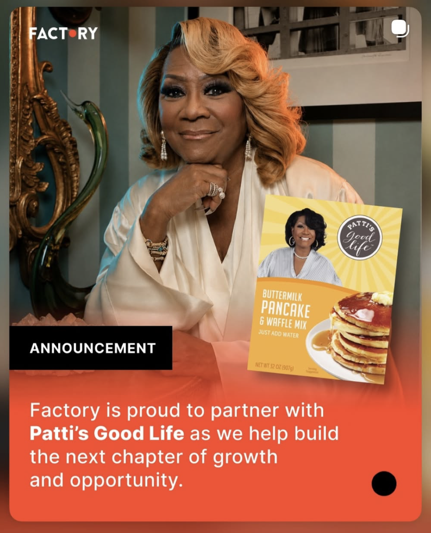 Factory announcement graphic for the Patti's Good Life partnership.